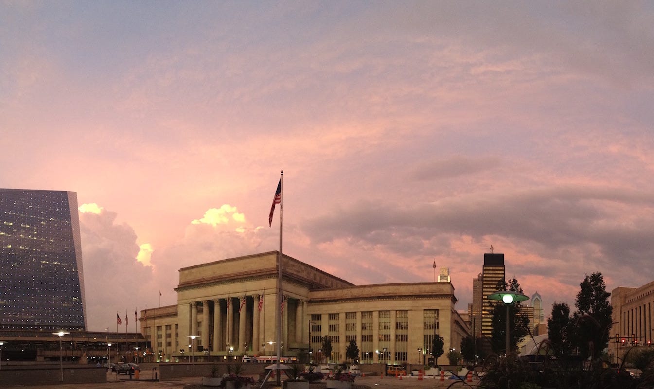 An explosion of a sunset behind Philadelphia's 30th Street Station, taken in the autumn of 2015