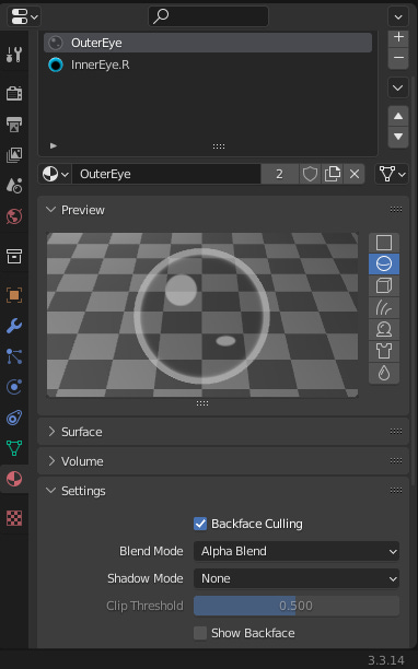 Blender Material Properties, the material called OuterEye is selected. In settings backface Culling is enable, Blend Mode is 'Alpha Blend' Shadow Mode is None, Clip Threshold is 0.5, Show Backface is  disable.