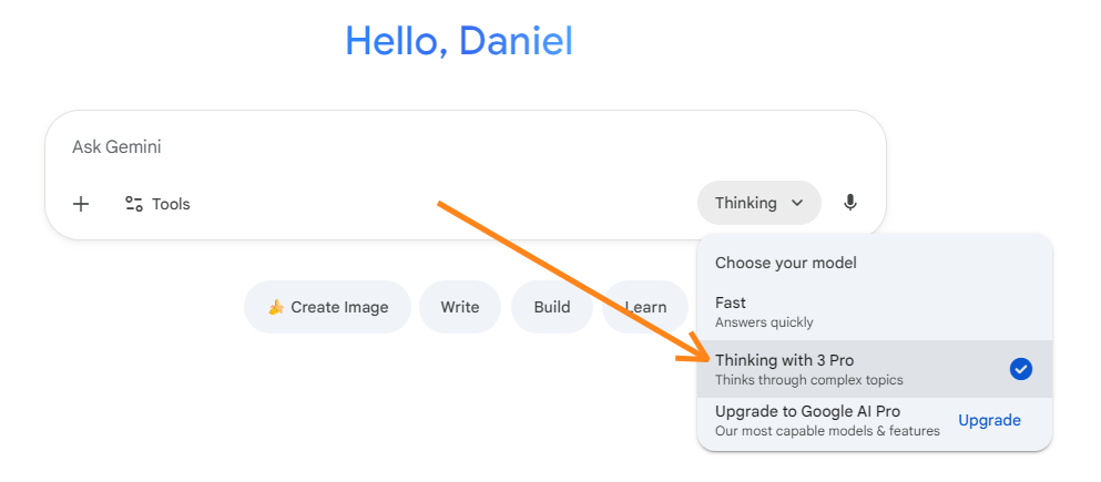 Google Gemini interface showing the model selector expanded, with an orange arrow pointing to “Thinking with 3 Pro” as the chosen model option.