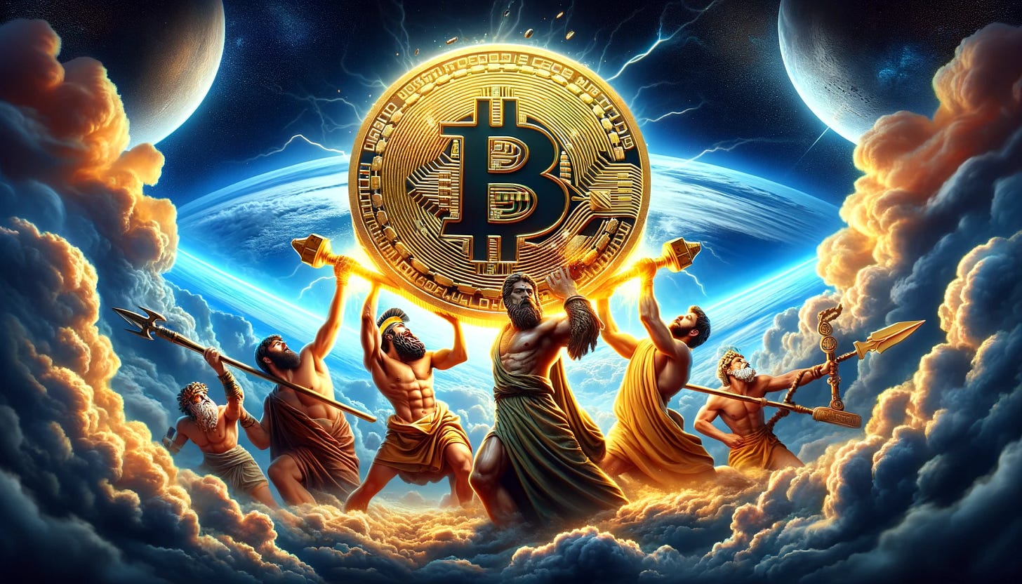A wide, dramatic image depicting Greek gods holding a massive, glowing Bitcoin symbol above the clouds. The scene is set high above the earth, with the sky transitioning from the deep blues of the lower atmosphere to the black of space. The gods, represented in classic Greek style, are straining under the weight of the Bitcoin, showcasing their muscular physiques and draped in flowing robes. Among them, Zeus, with a lightning bolt in one hand, and Athena, wearing her helmet, are prominently displayed. The Bitcoin symbol is radiating a golden light, casting dynamic shadows and highlighting the gods' struggle. The overall atmosphere is powerful and mythical, with a color palette that combines the golden hues of the Bitcoin with the rich blues and whites of the sky and clouds.