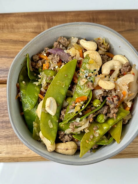 stir fry, salmon hand rolls, quinoa bowl