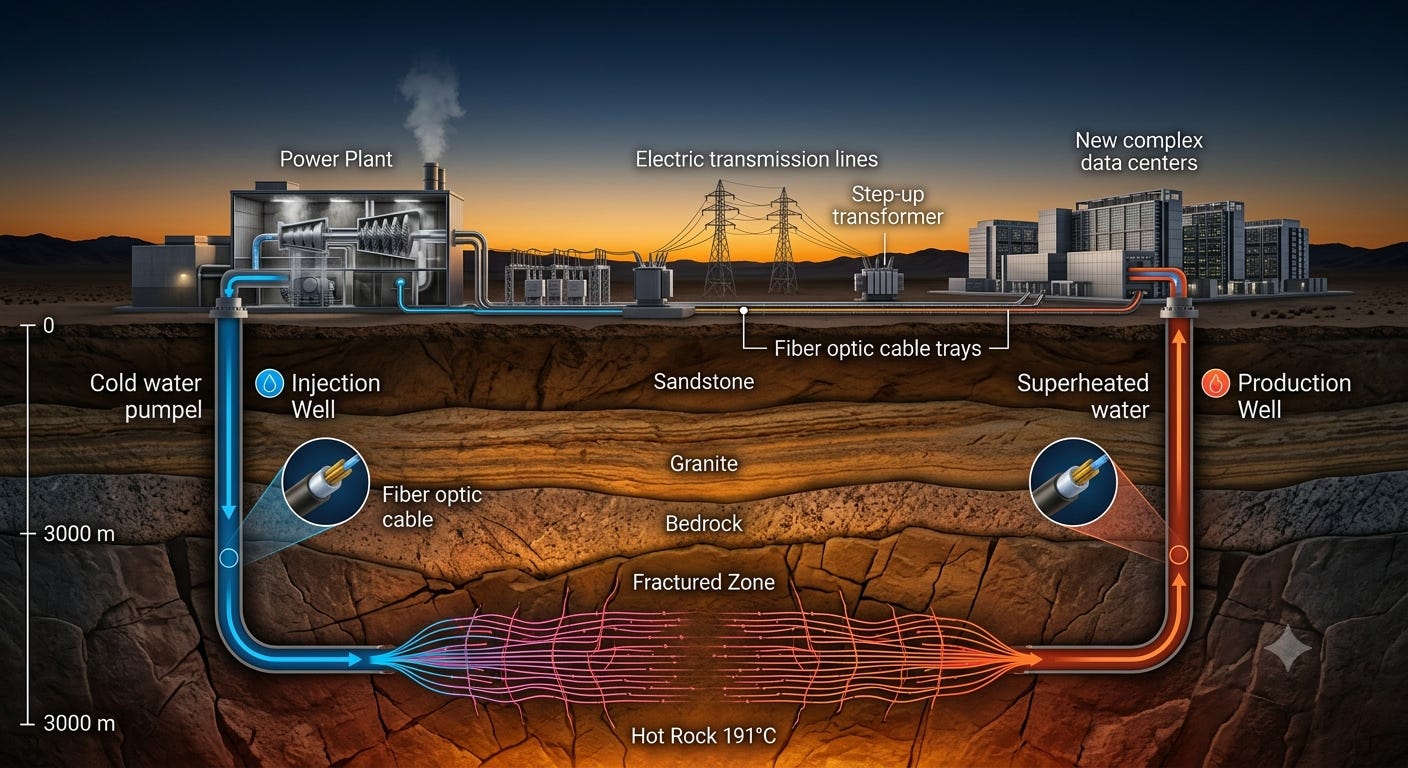 Esquema do sistema EGS (Enhanced Geothermal System)