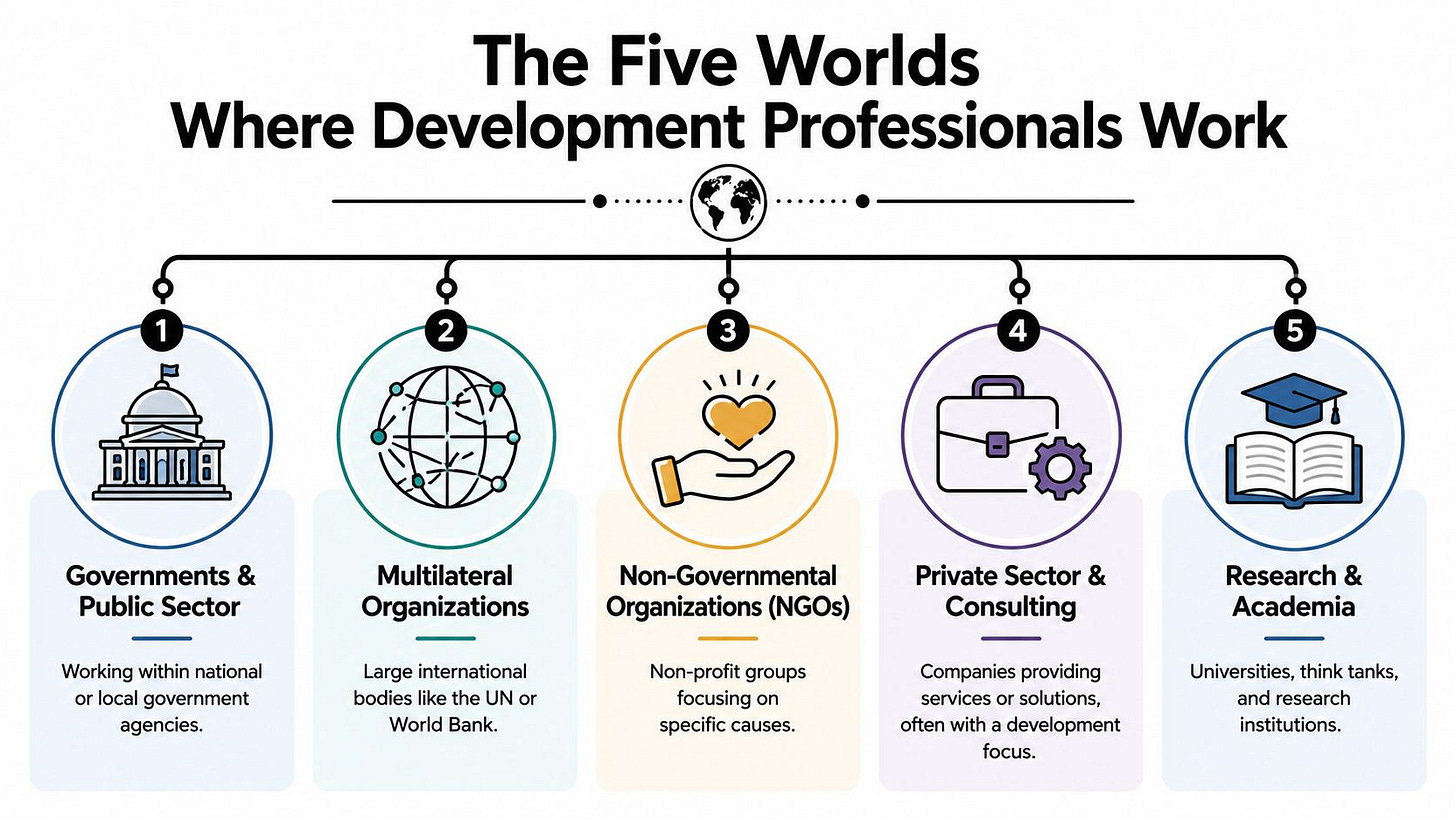An infographic showing the five main employment sectors for international development professionals, including government, nonprofits, and research. An infographic showing the five main employment sectors for international development professionals, including government, nonprofits, and research.