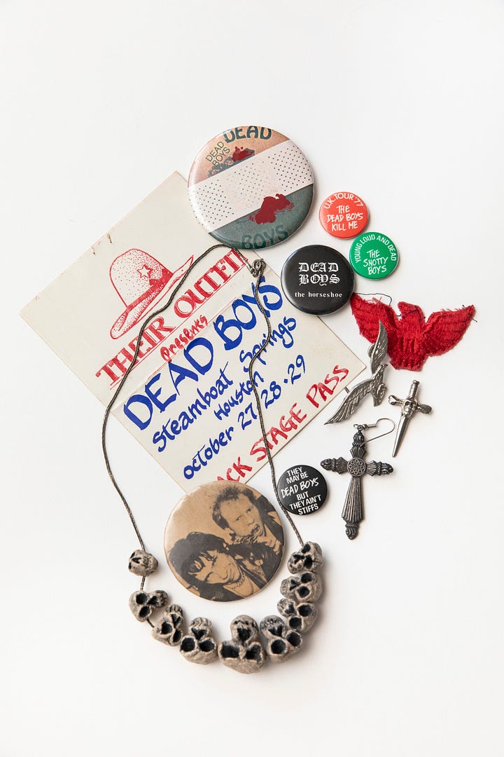 Button collections and Dead Boys ephemera.