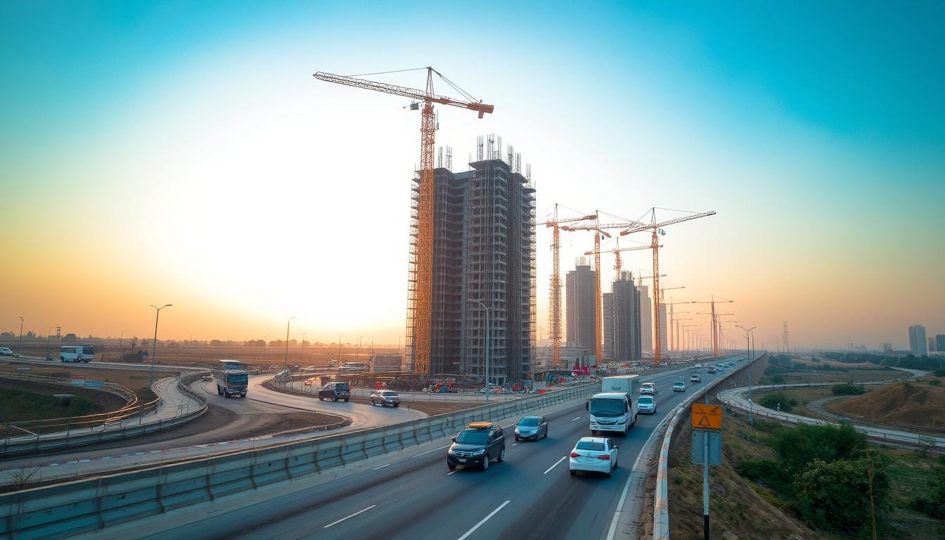 A bustling construction site along the Yamuna Expressway, highlighting the rapid development in the region.