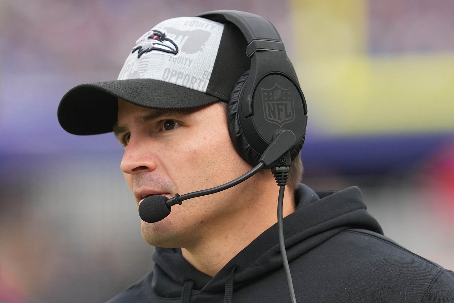 Dec 31, 2023; Baltimore, Maryland, USA; Baltimore Ravens defensive coordinator Mike Macdonald on the sidelines during the third quarter against the Miami Dolphins at M&T Bank Stadium. 