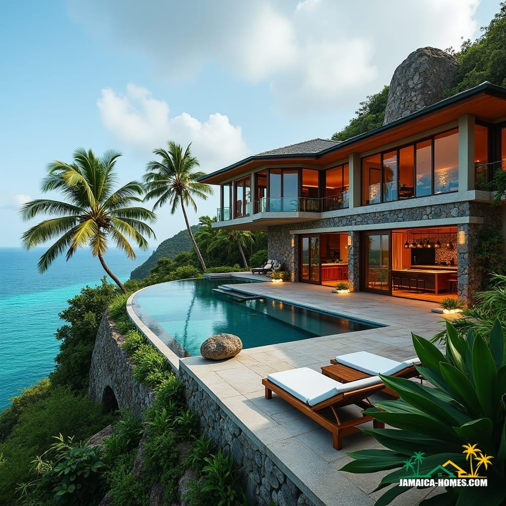 Luxury hillside villa in Port Antonio, Jamaica, crafted from local stone and teak wood, with expansive windows framing breathtaking views of the turquoise ocean. Infinity pools seamlessly merge with the horizon, while outdoor lounge areas invite relaxation amidst lush tropical foliage. Jamaican heritage meets modern luxury in this private sanctuary, where vibrant island colors and textures blend with sleek contemporary design.