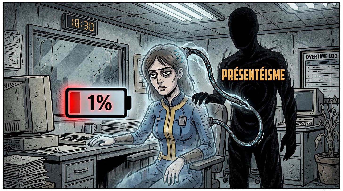 Illustration d'une manager épuisée représentée comme une silhouette fantomatique avec une batterie vide clignotant rouge. Illustration d'une manager épuisée représentée comme une silhouette fantomatique avec une batterie vide clignotant rouge.