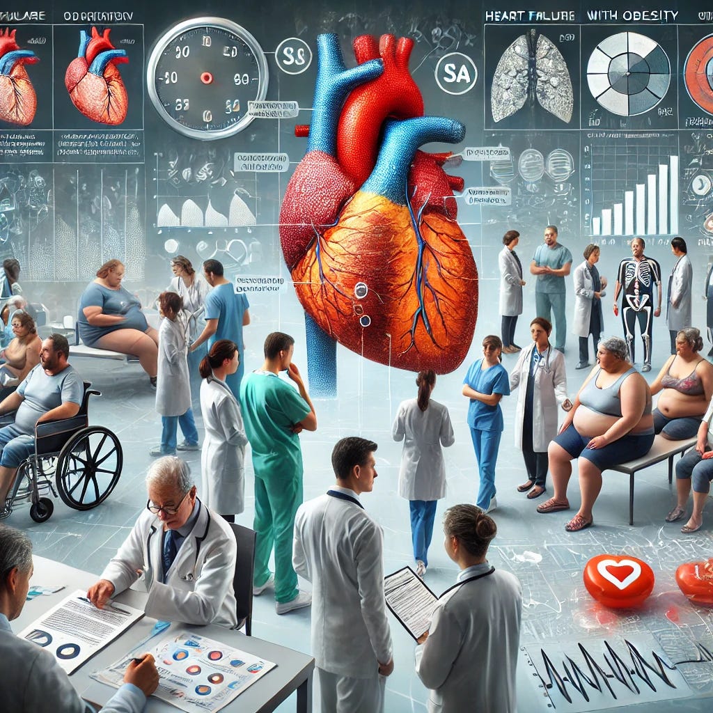A detailed medical scene illustrating the impact of a new drug treatment on heart failure patients with obesity. The image should show a diverse group of patients in a clinical setting, some undergoing treatment with visible improvement in their physical activities, such as walking or exercising. Healthcare providers are shown consulting with patients, displaying charts and medical data. The background includes medical equipment and diagrams highlighting heart and obesity-related elements, with a focus on improved health and well-being.