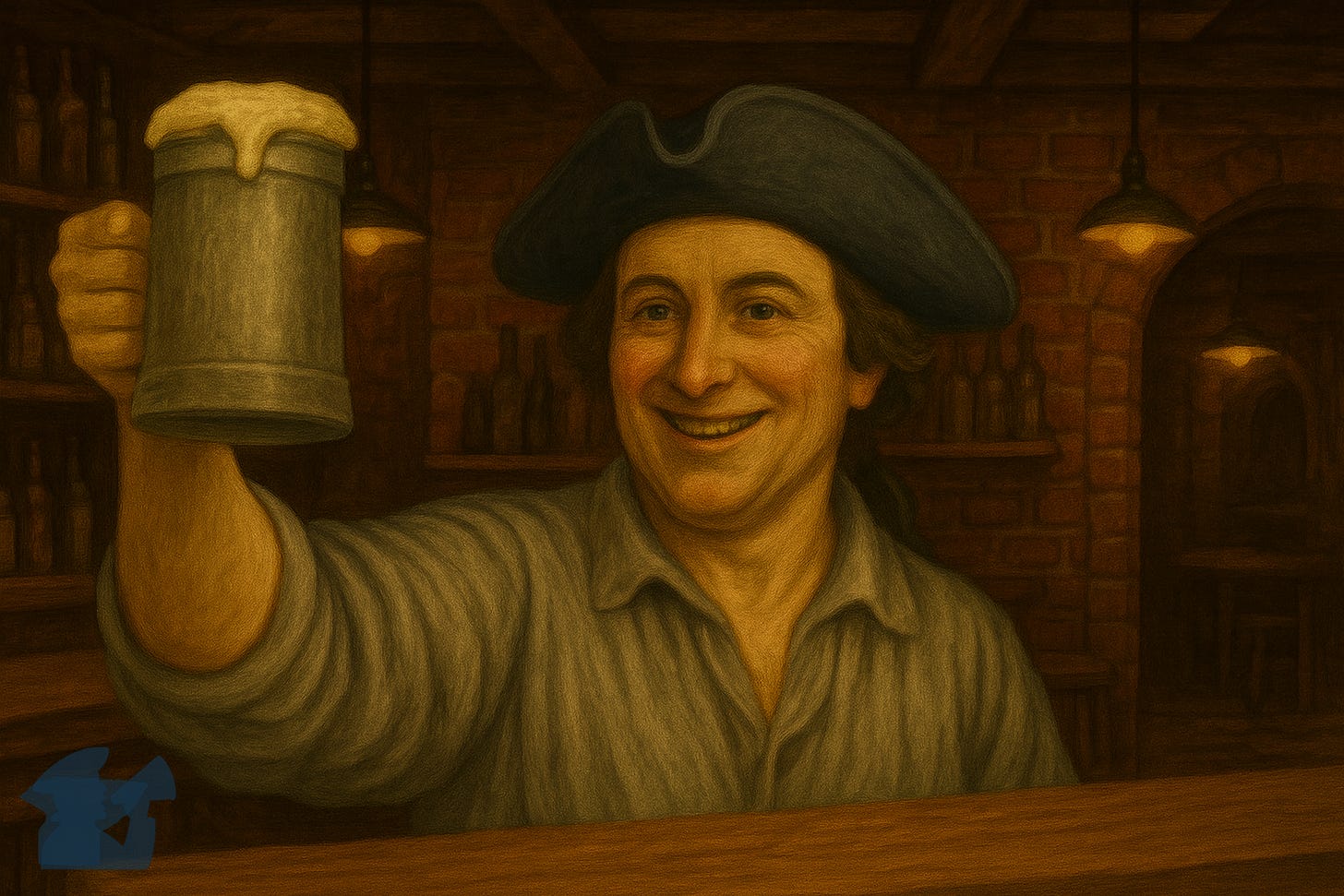 Illustration of Paul Revere toasting with a mug of beer Illustration of Paul Revere toasting with a mug of beer
