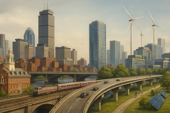 A stylized drawing of a future city of Boston that contains many familiar landmarks (some not in their current location) as well as new features, such as towering wind turbines and a riverside train.