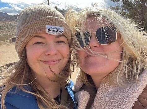Left: Amber, Eliza, Missi Pyle, Nelini Stamp, and Linda Berg pose in front of the neon sign that says "SUR rules." Middle: Amber and Eliza take a selfie together in the desert. Wind is blowing Eliza's hair over her face. Right: Eliza, Amber, Missi Pyle, and Ashley Romans on the WGA picket line.