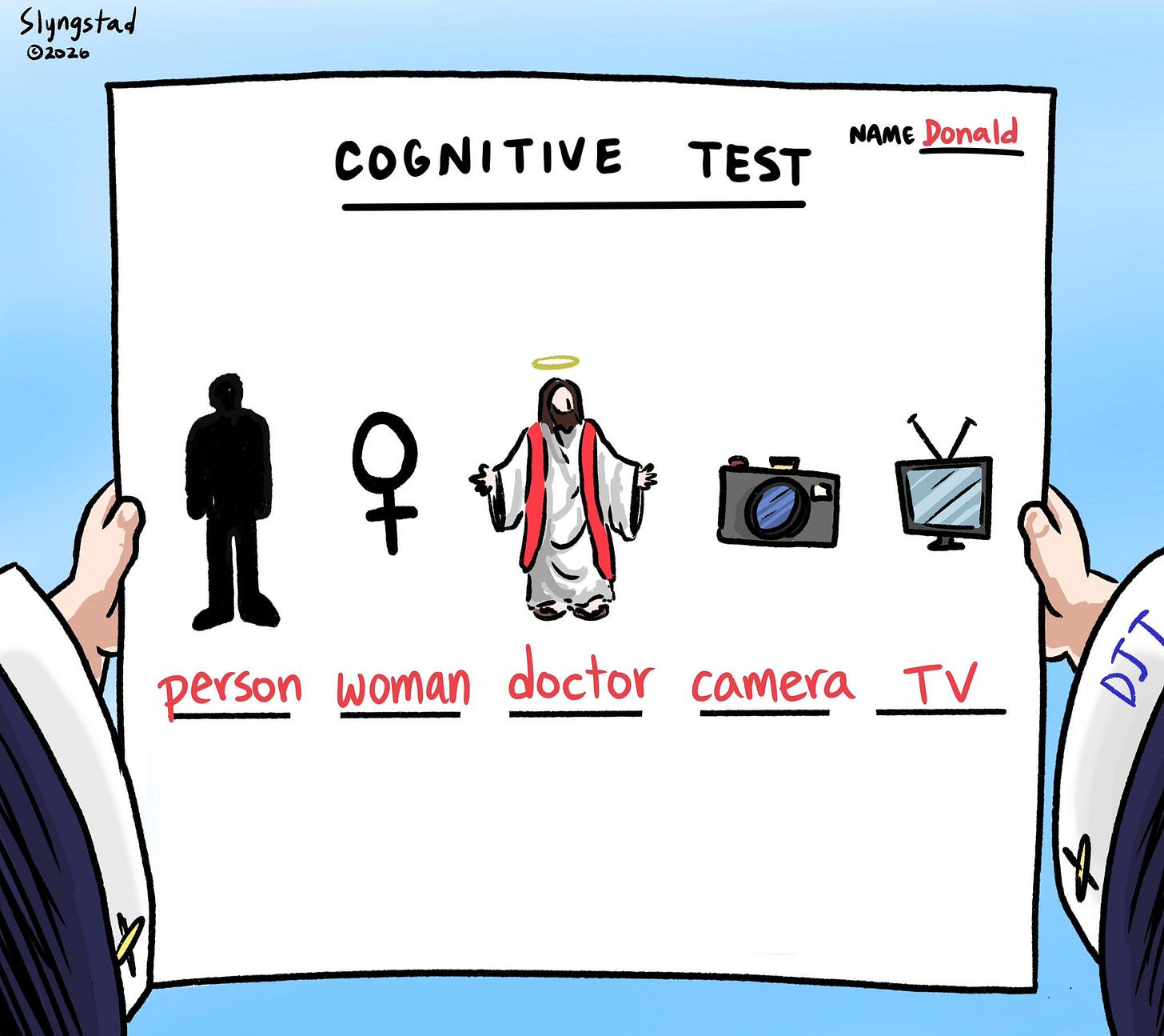 May be a doodle of text that says 'Slyngstad OZoZb COGNITIVE NAME Donald TEST Ф person woman doctor camera TV 5স'