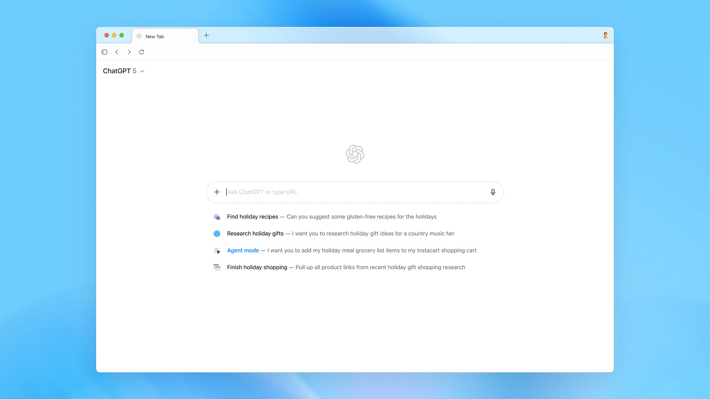 ChatGPT Atlas home screen in a web browser displaying a search bar with suggested prompts below it. The suggestions include: ‘Find holiday recipes,’ ‘Research holiday gifts,’ ‘Agent mode,’ and ‘Finish holiday shopping,’ each followed by short example queries like adding grocery items to Instacart or pulling product links from previous research.