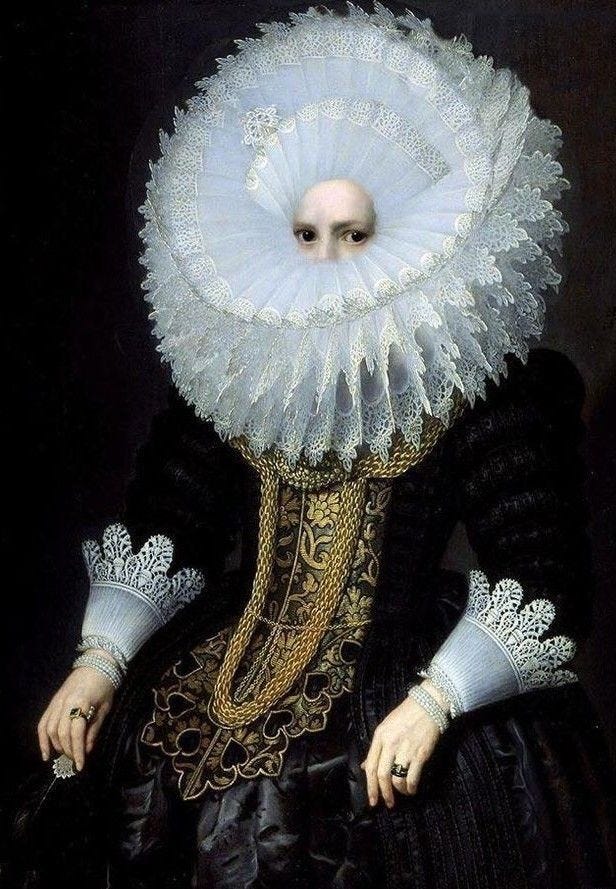 A surreal mixed-media portrait exploring the symbolic, emotional, and historical resonance of the color black—blending elements of Spanish court fashion with personal memory and modern visual language.