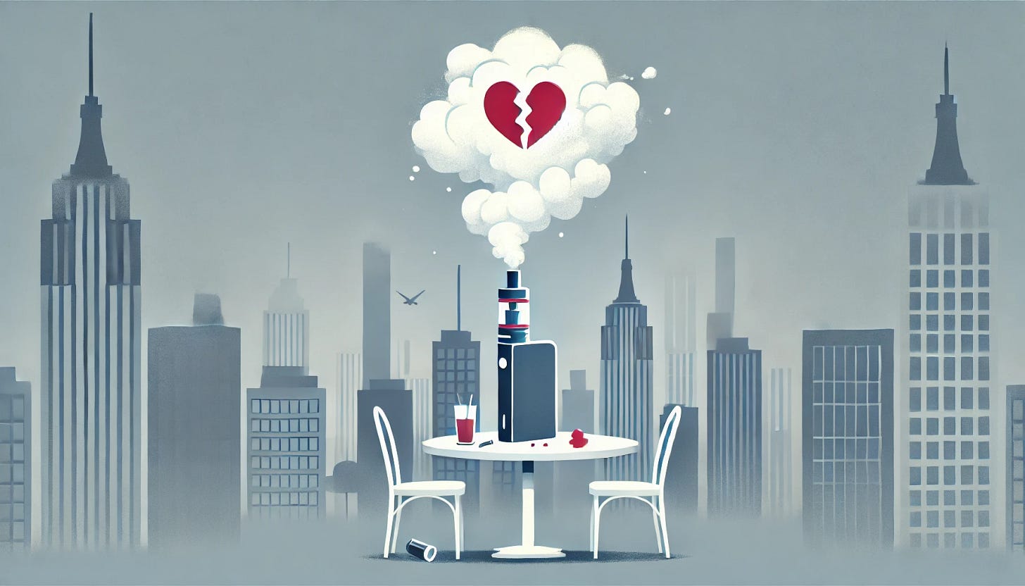 A minimalist and conceptual illustration representing dating rejection due to vaping. The image features a soft grayscale city skyline in the background. In the center, a giant vape cloud floats ominously above a table. On the table sits a small red broken heart, symbolizing rejection. The color palette uses muted blues and grays, with pops of red for the heart and soft wisps of white for the vape cloud. The mood is humorous and wistful, reflecting absurd rejection reasons in modern dating.