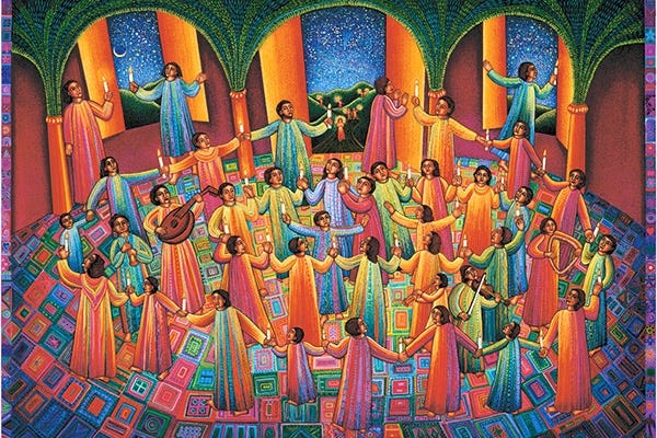 A colorful graphic of many people gathered in concentric circles with candles and instruments, worshipping together
