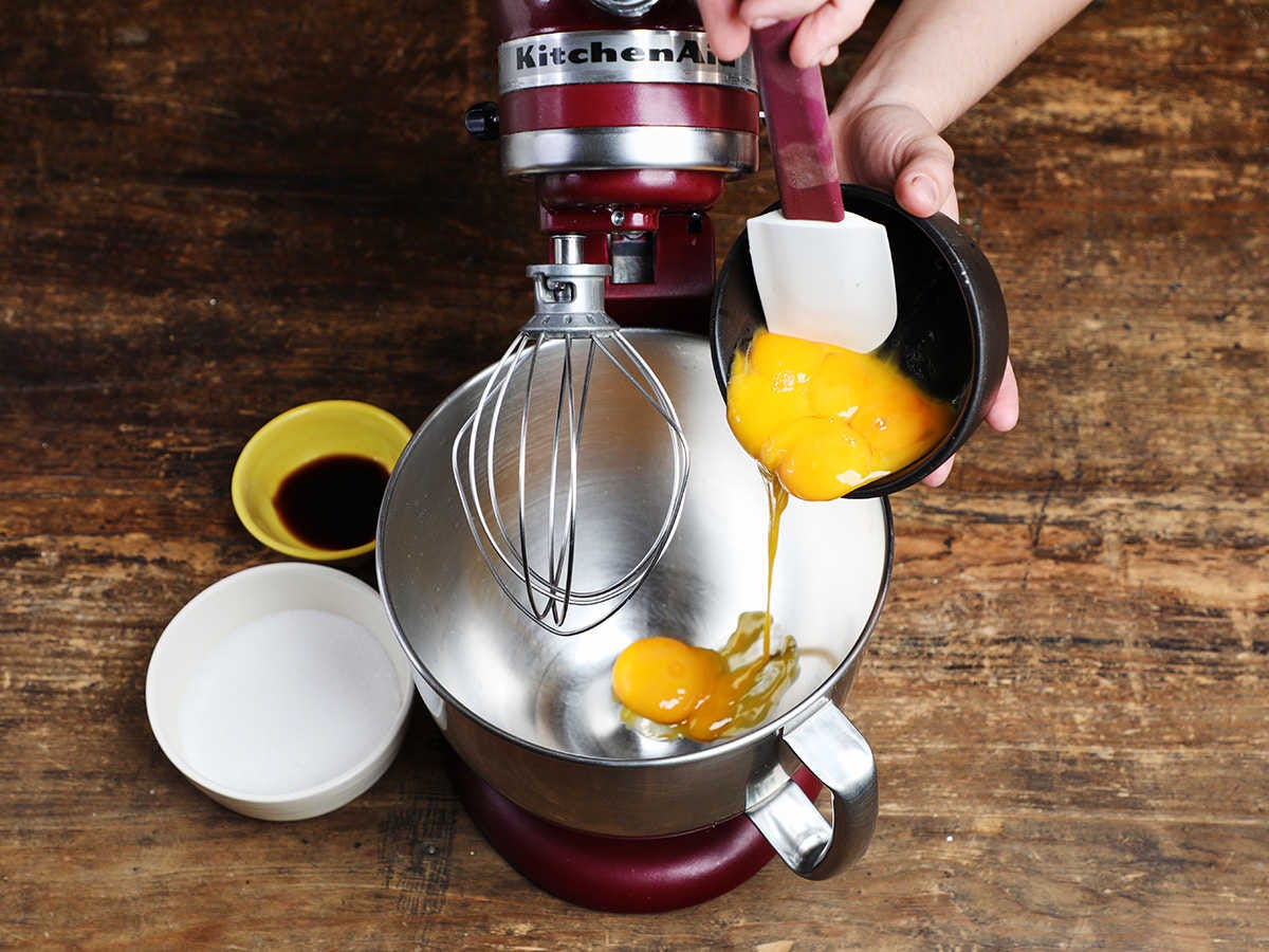 Pouring Egg Yolks in Stand Mixer