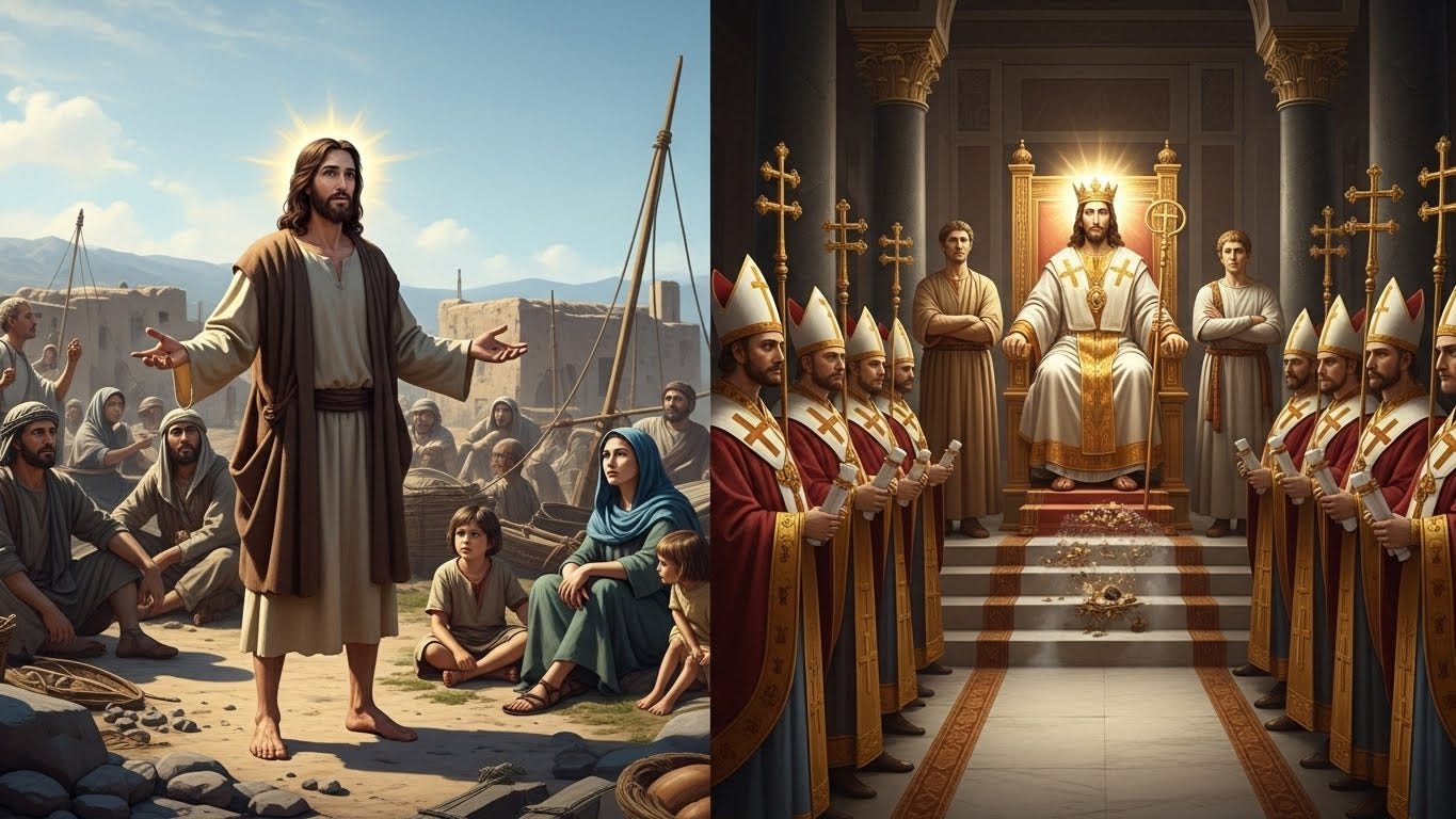 Split image showing humble Jesus teaching peasants beside regal Jesus enthroned in gold, surrounded by bishops and Emperor Constantine, highlighting the transformation from grassroots prophet to imperial figure.