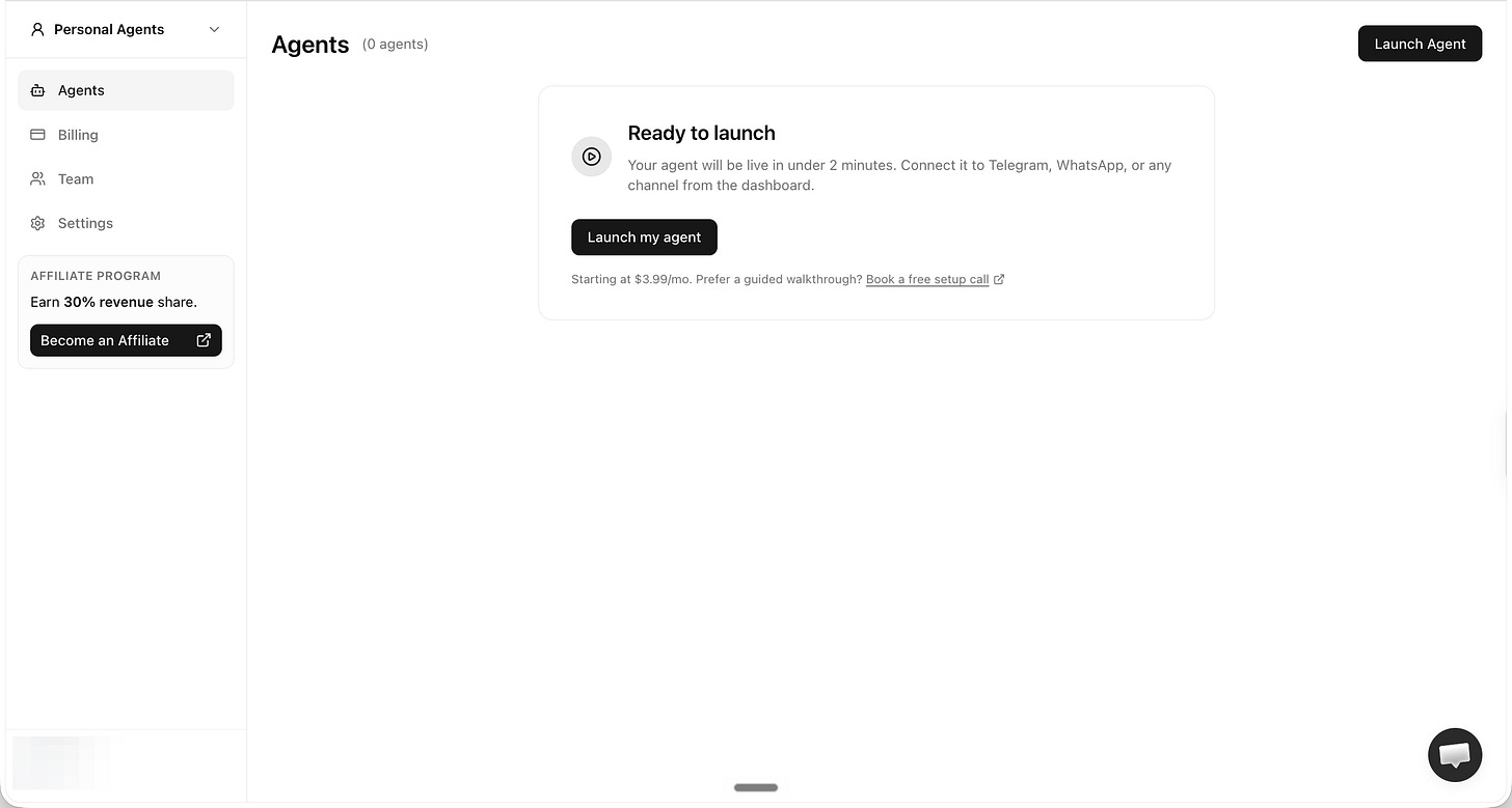 Agent37 empty Agents screen with the Launch my agent button Agent37 empty Agents screen with the Launch my agent button
