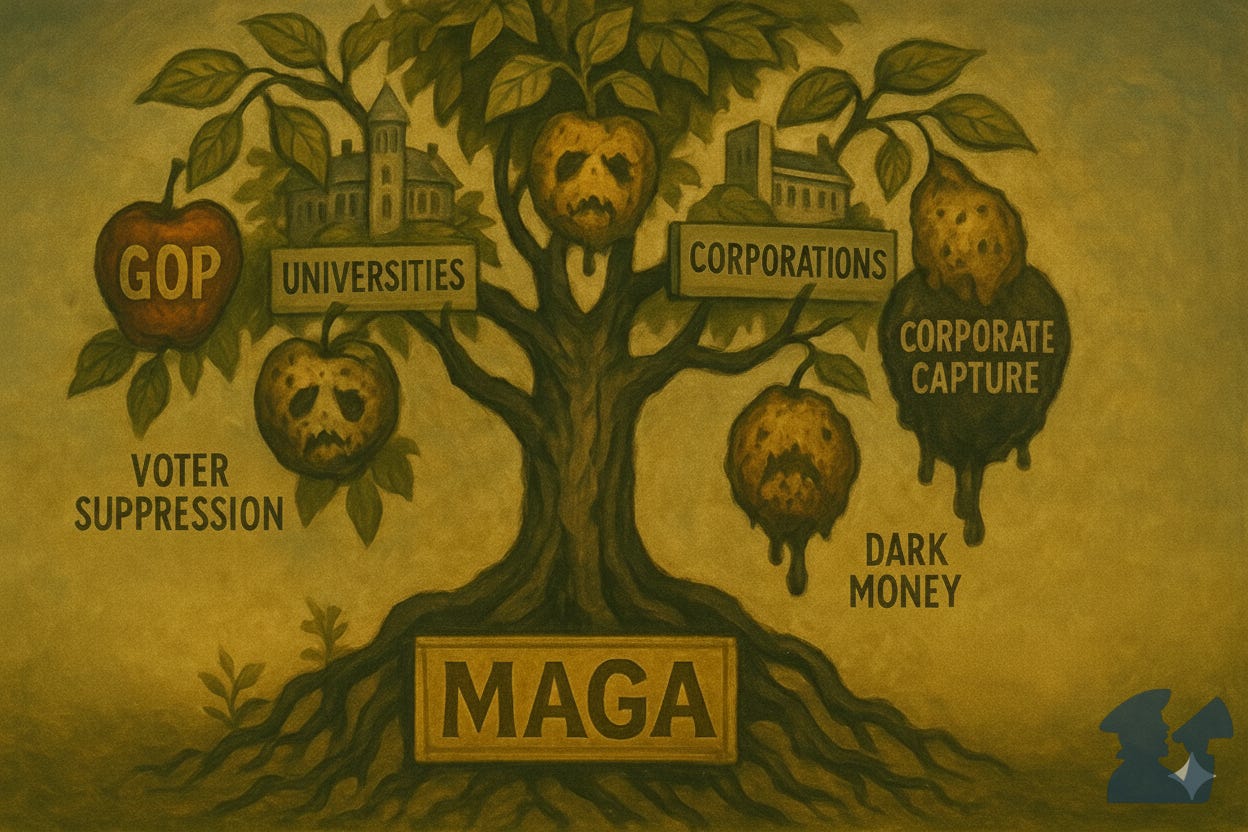 Illustration of a corruption tree showing MAGA at the roots