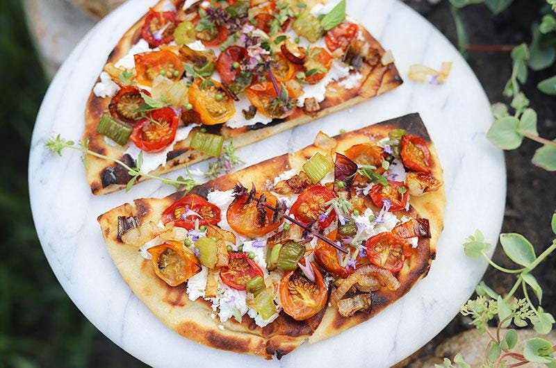 Grilled Naan Pizza with Whipped Feta and Roasted Cherry Tomatoes, Cook the Vineyard