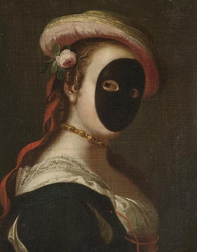 r/museum - Venetian School, - Portrait of a lady, half length, wearing a carnival mask (1700s)