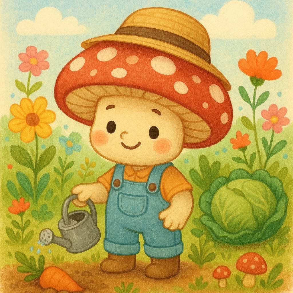 Cute mushroom character gardening for children's book