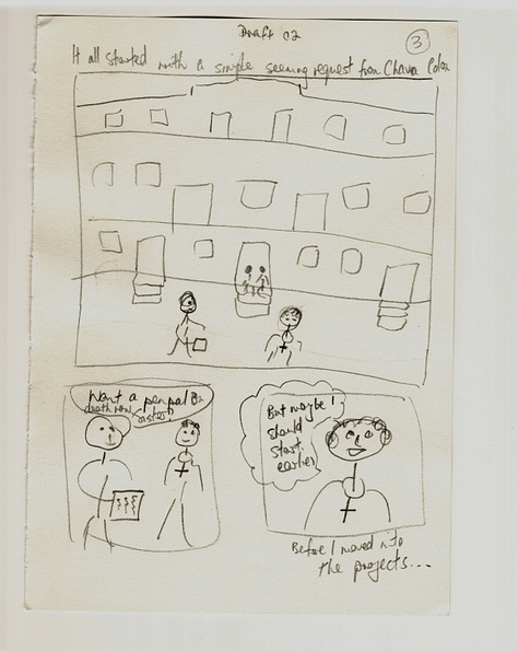 Early sketches of story flow by Rose Vines