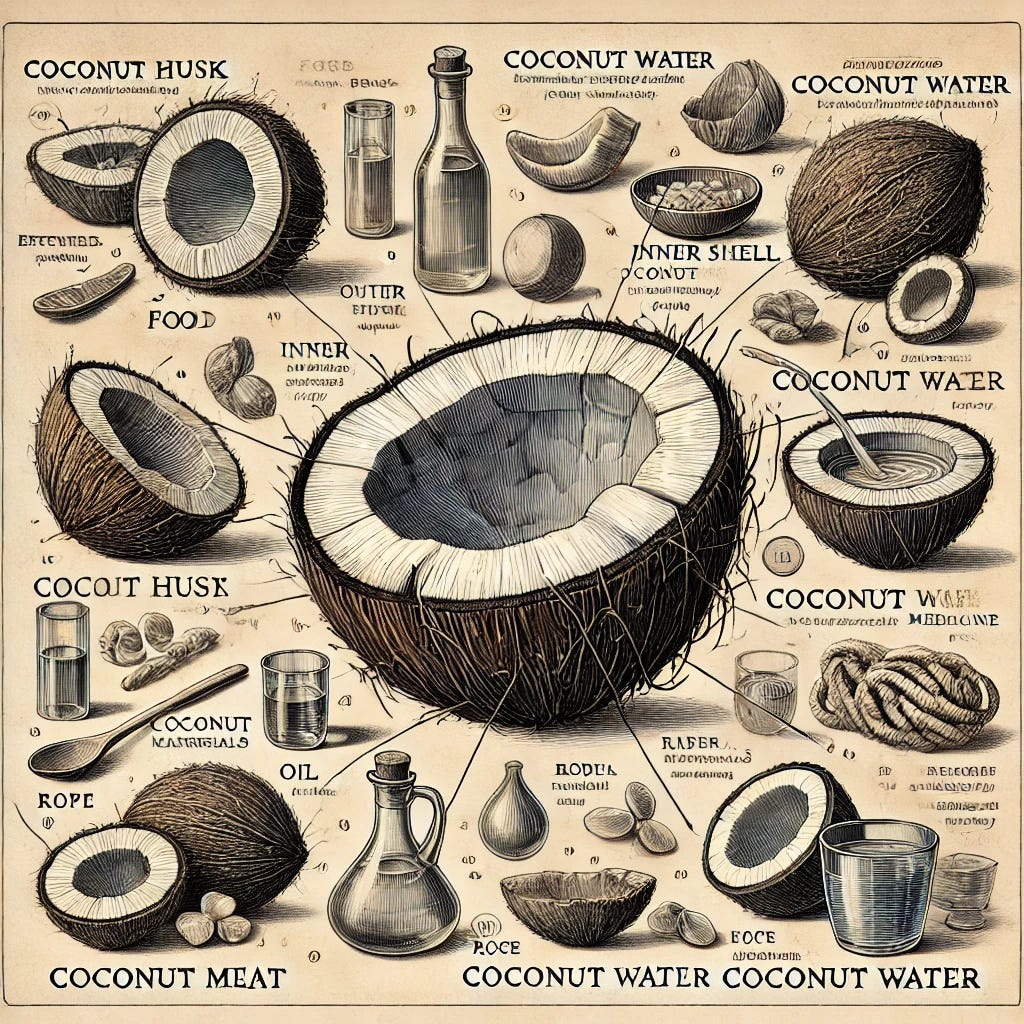 A detailed scientific-style illustration showcasing the various uses of coconuts in an old-fashioned, hand-drawn style reminiscent of botanical illustrations. The image features different sections of the coconut, including the outer husk, inner shell, coconut meat, and coconut water, with arrows pointing to their uses. Uses include food (coconut meat), drink (coconut water), oil (extracted from the meat), rope and materials (made from the husk), and traditional medicine. Each section is labeled with clear annotations in vintage-style fonts, set against a neutral background to resemble a classic botanical plate.