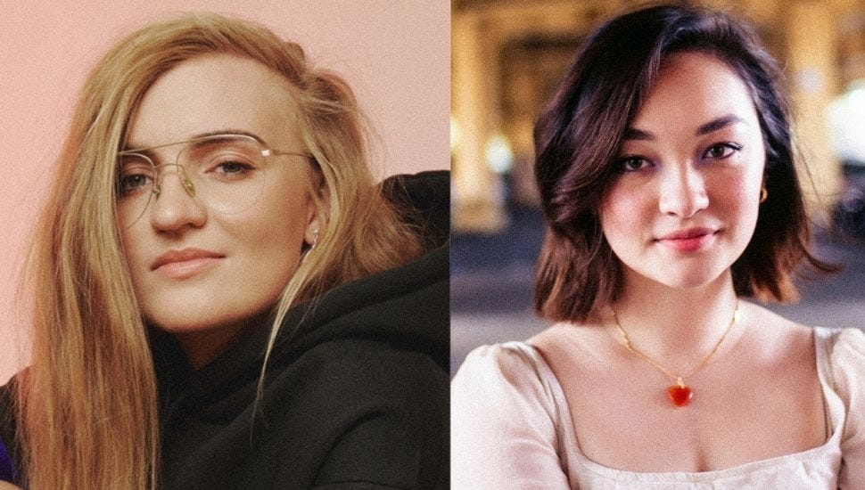 Two portraits side by side, on the left a woman with yellow hair and glasses in a black hoodie, on the right a woman with dark hair, a red heart necklacem and a white top