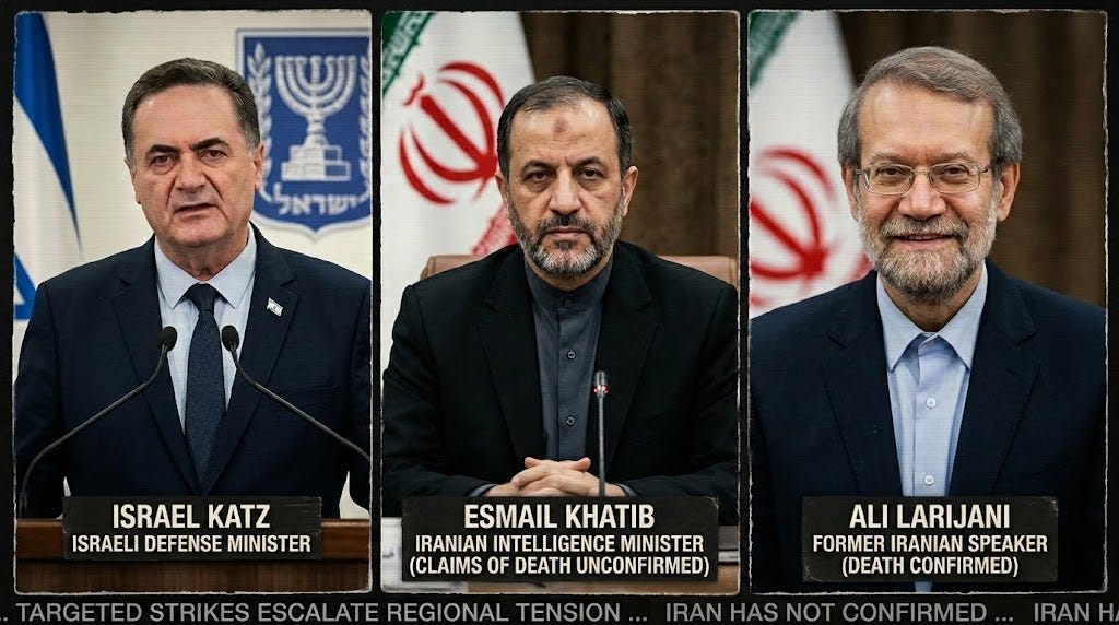 A photorealistic news graphic presents three portrait panels of political and military figures: Israel Katz (Israeli Defense Minister), Esmail Khatib (Iranian Intelligence Minister, with status listed as unconfirmed), and Ali Larijani (Former Iranian Speaker, with status listed as confirmed dead). A scrolling ticker across the bottom states: "...TARGETED STRIKES ESCALATE REGIONAL TENSION... IRAN HAS NOT CONFIRMED..."