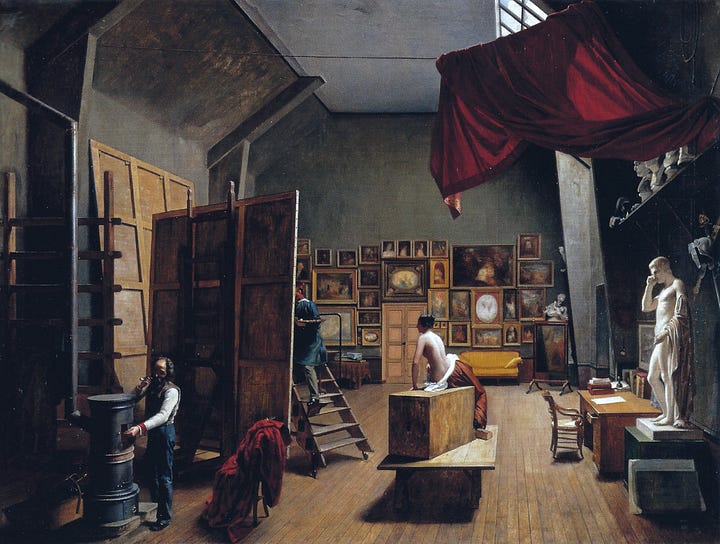 Os quadros de Adrienne Marie Louise Grandpierre-Deverzy que retratam os ateliês de Pujol — um com alunos homens e outro com alunas mulheres — contrastam os espaços de formação artística no século XIX, evidenciando as diferenças de gênero na educação artística da época.