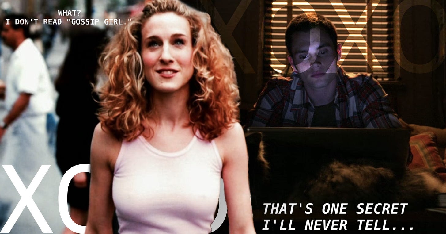 (Na foto: Carrie Bradshaw (Sex and the City) e Dan Humphrey, possivelmente Joe Goldberg (Gossip Girl e You, respectivamente)). (Na foto: Carrie Bradshaw (Sex and the City) e Dan Humphrey, possivelmente Joe Goldberg (Gossip Girl e You, respectivamente)).