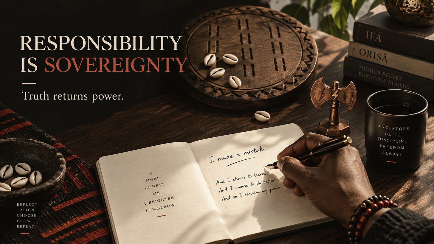 A dark-skinned hand writes “I made a mistake” in an open journal on a warm wooden desk. Nearby are cowrie shells, an Ifá-inspired divination tray, a small bronze double-axe symbol associated with Ṣàngó, books, and a dark cup. Editorial text reads “RESPONSIBILITY IS SOVEREIGNTY — Truth returns power.”