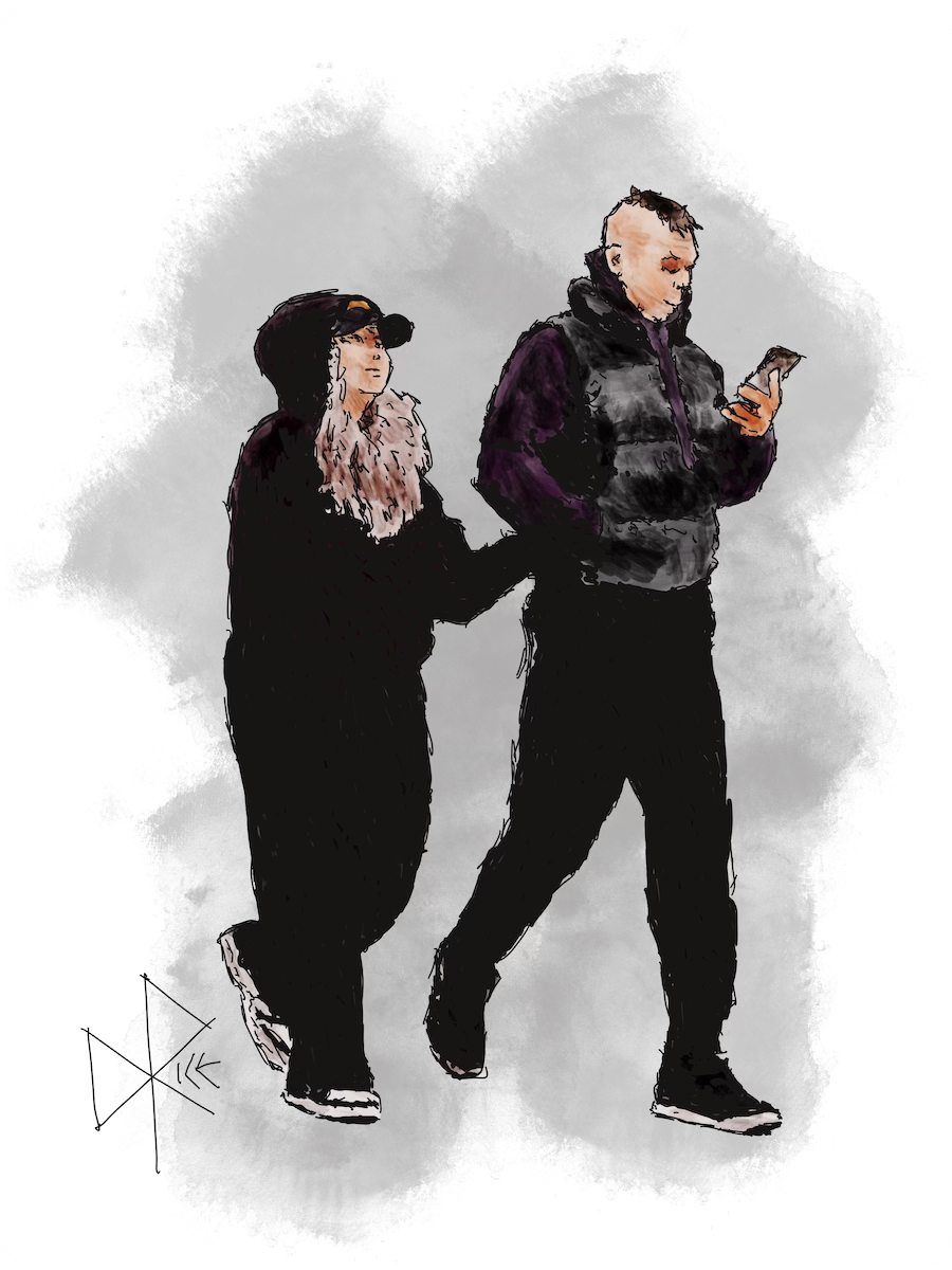 Both being fans of dark desaturated tones, a comfortably dressed and delightfully opaque young couple walk arm-in-arm. Sketch art by Don Rice.