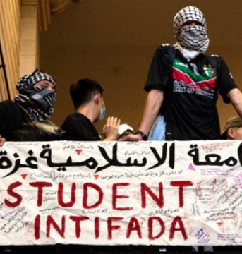 First image shows a man with glasses and short hair smiling, wearing a blue sweater over a pink collared shirt, standing in front of bookshelves filled with books of various colors. Second image depicts three masked individuals in black clothing, two wearing keffiyehs, standing behind a large banner with Arabic text reading الانتفاضة للطلاب meaning Intifada for Students, in a building interior with ornate architecture.