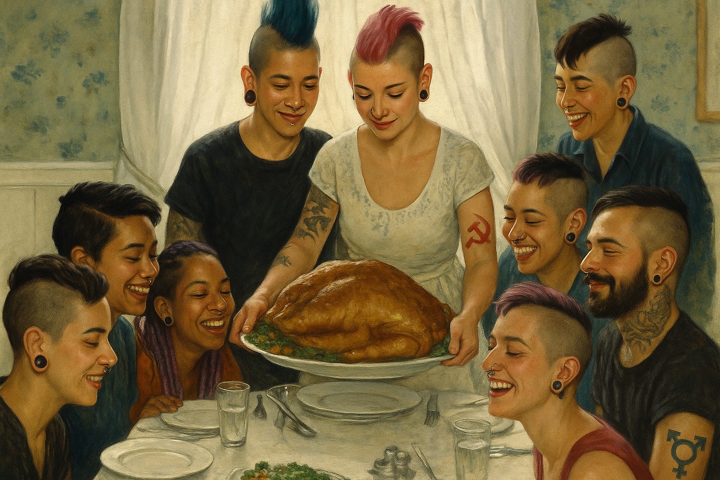 An AI-generated version of Norman Rockwell's Freedom from Want with an all-queer family