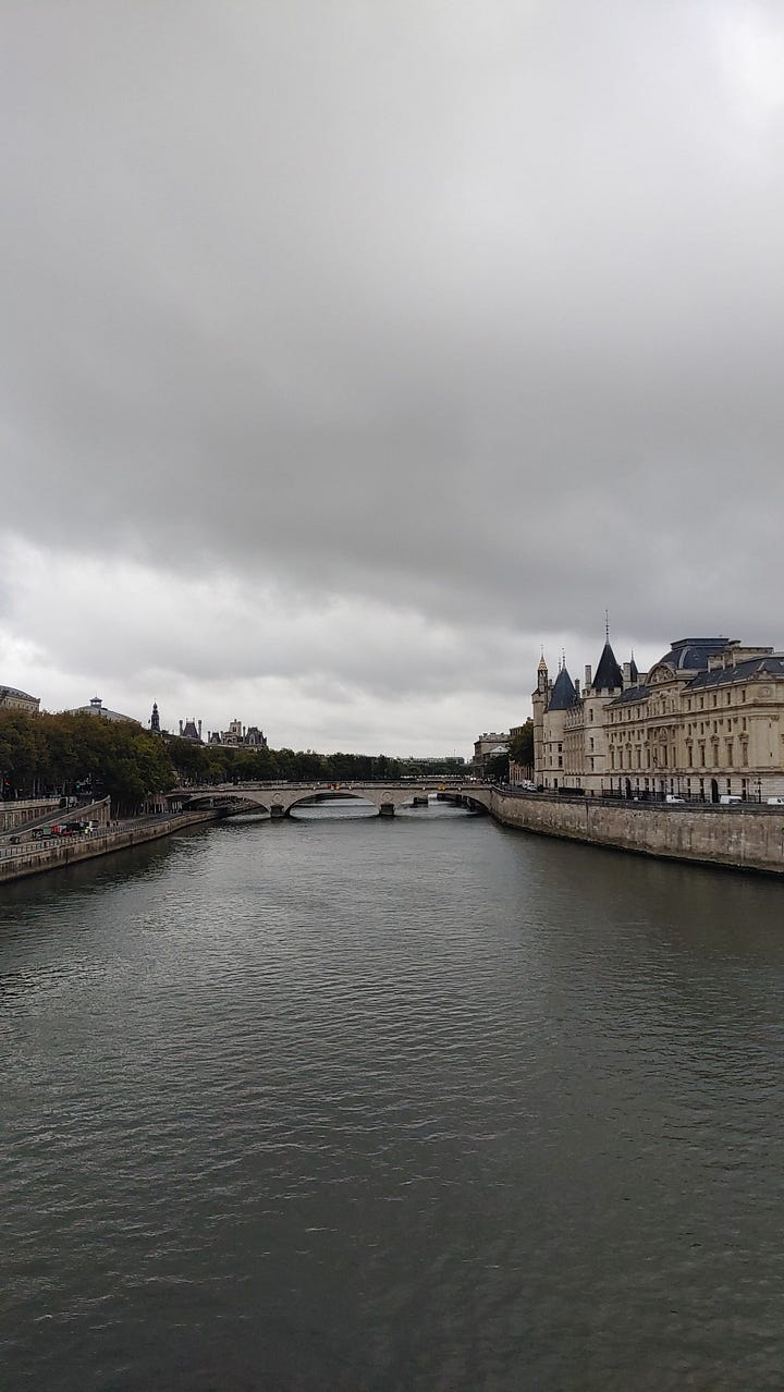 photos of Paris - billboard saying fluctuat nec mergitur and a panorama with the seine