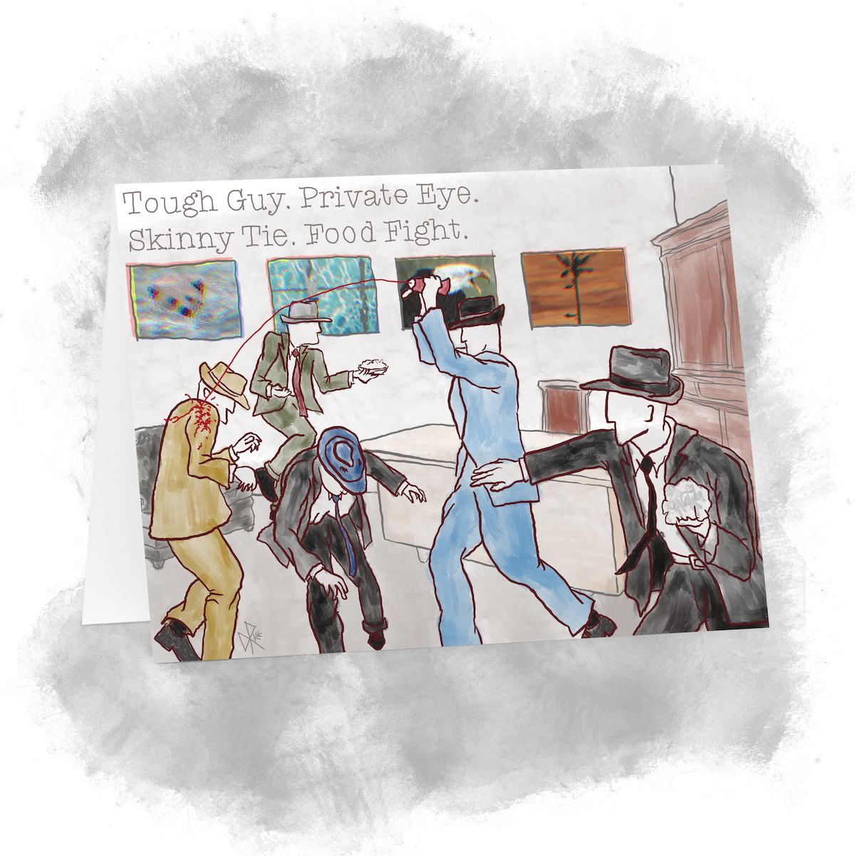 Cartoon of a bunch of fedora wearing 1930s dicks having a food fight. Sketch art by Don Rice. Cartoon of a bunch of fedora wearing 1930s dicks having a food fight. Sketch art by Don Rice.