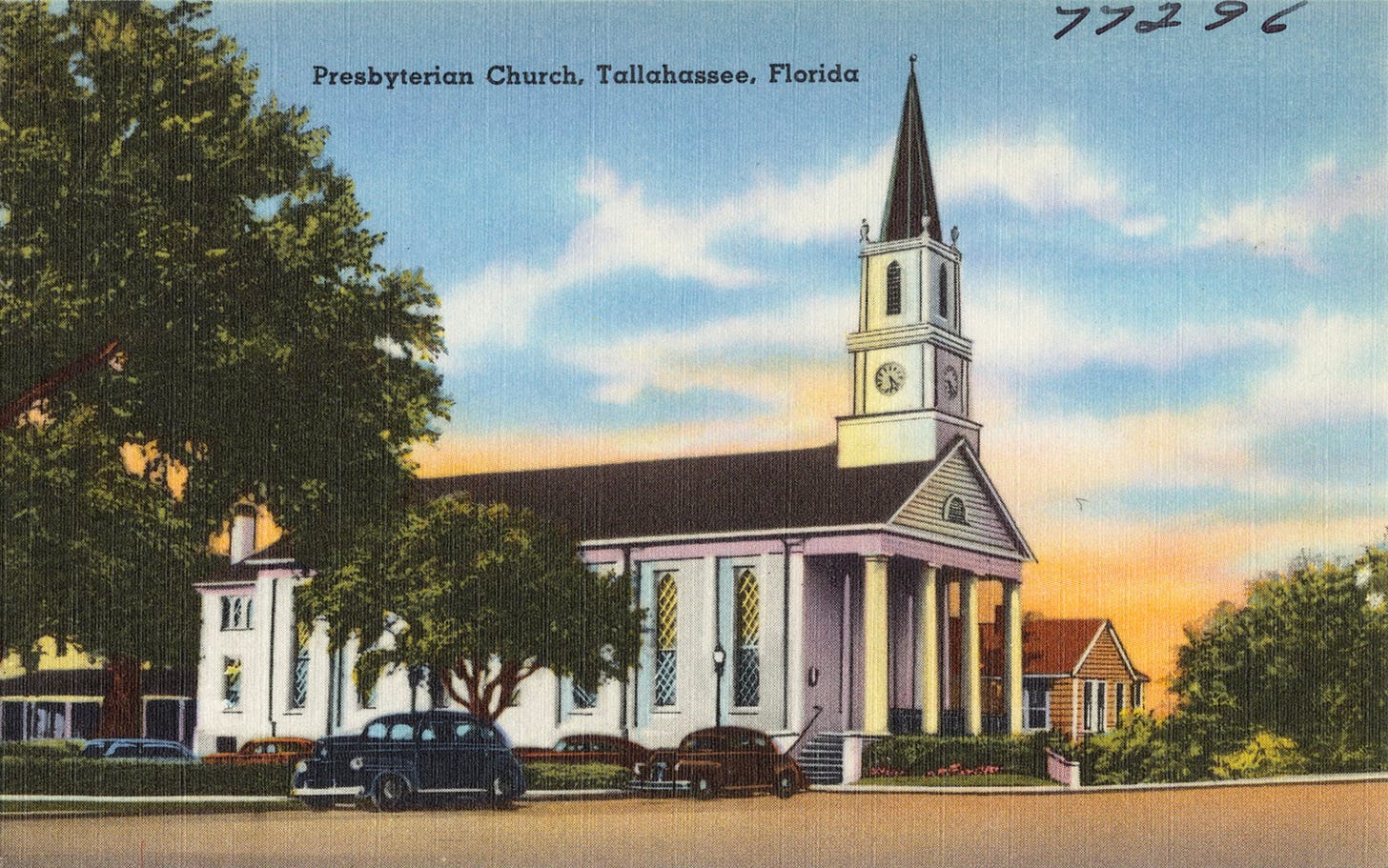 A beautiful old church is depicted in a watercolor postcard from the 1940s. The church has a tall steeple and monumental columns at the front steps. Mature trees line the streets. 