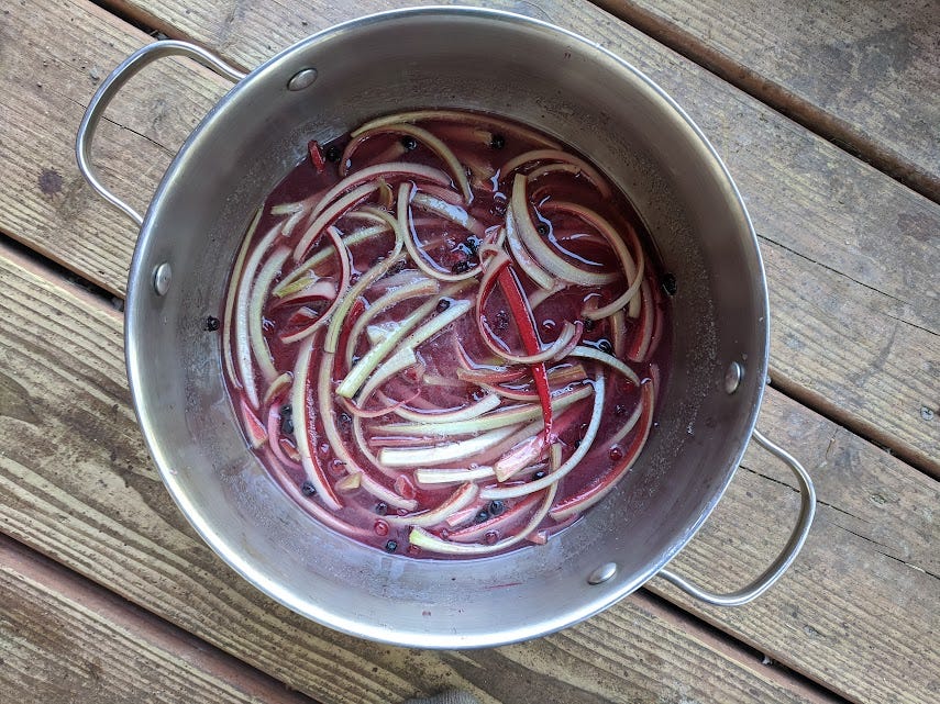 a pot of thin strips of rhubarb and frozen blueberries  in syrup