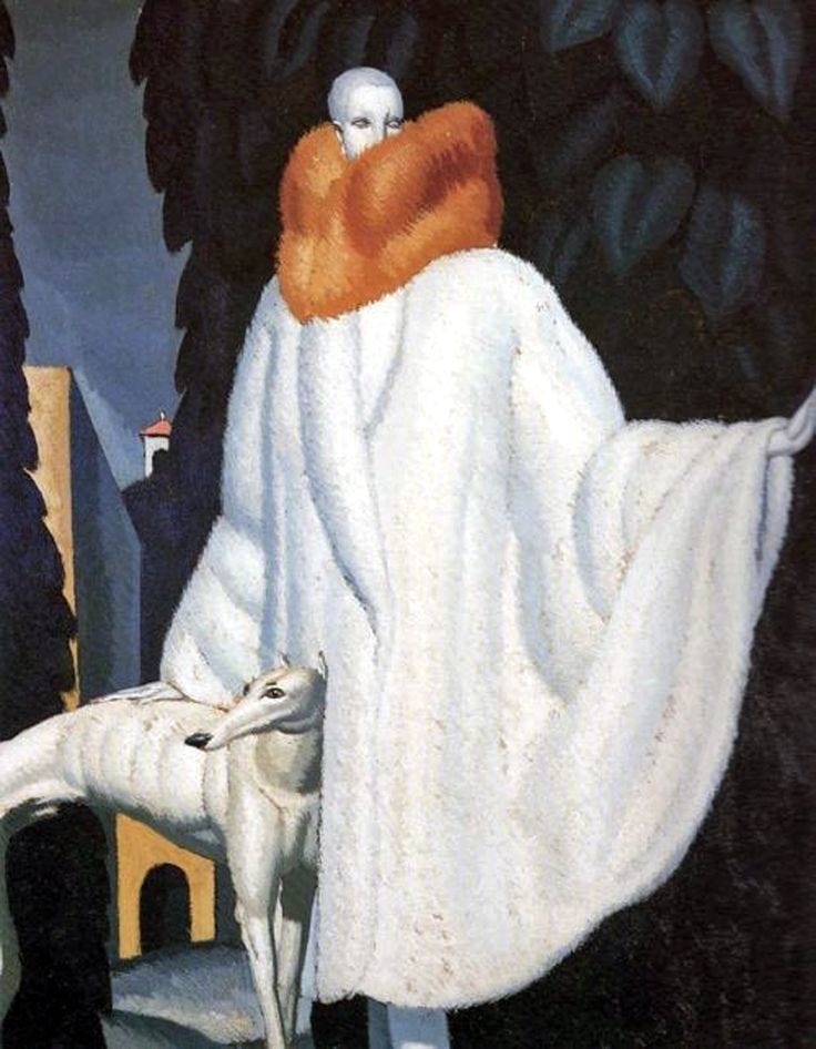 This may contain: a painting of a woman with a white dog