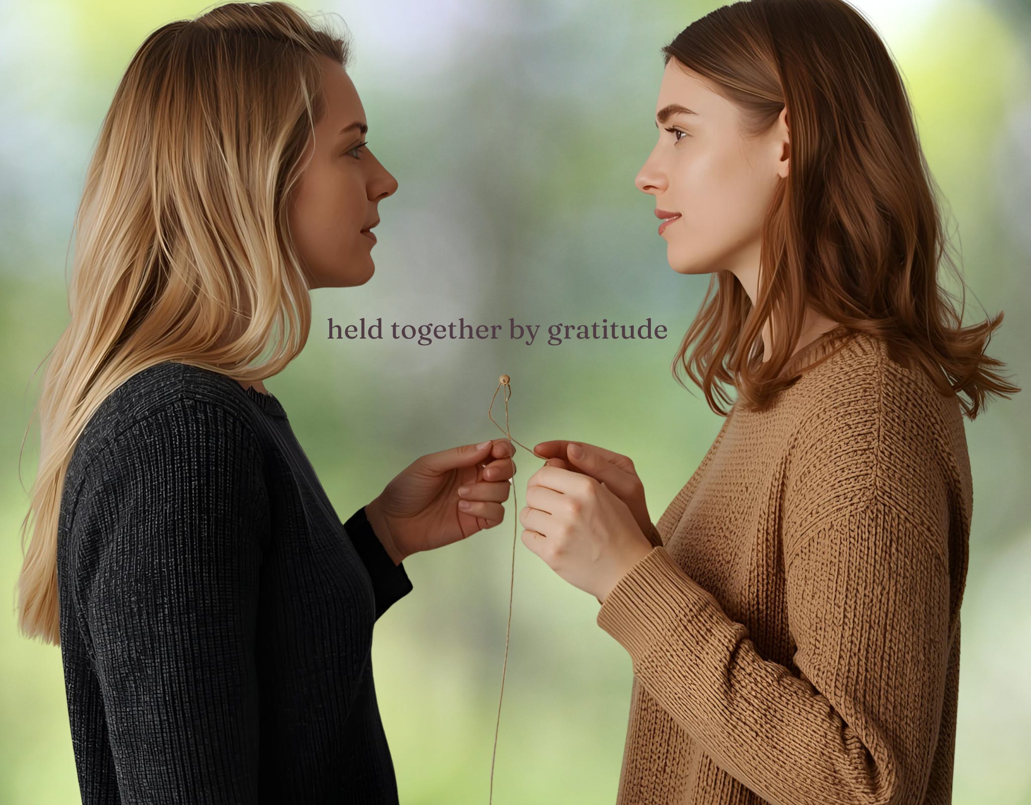 Two women standing face-to-face against a soft, blurred green background, each gently holding one end of a thin thread between their hands. They look at each other calmly, symbolizing connection and the delicate thread that links people together. The Sacred Nourishment of Gratitude  How gratitude nourishes connection, belonging, and inner peace