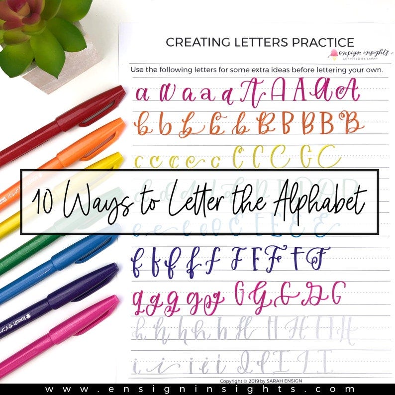 May include: A printable worksheet with the title "Creating Letters Practice" and the text "10 Ways to Letter the Alphabet". The worksheet shows 10 different ways to write each letter of the alphabet in cursive.