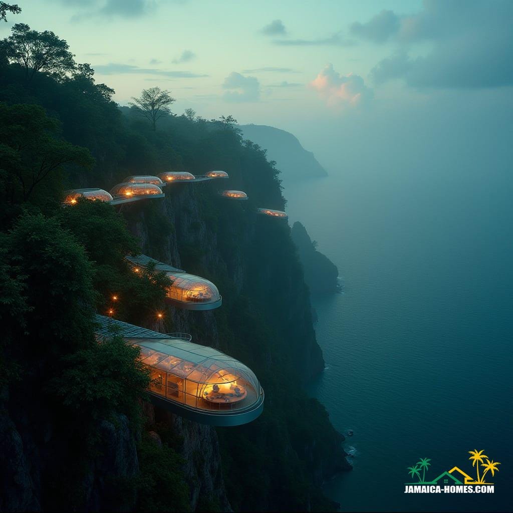 Sky Bridge Villages: Ribbon-like walkways suspended between cliffs, with glass pods that glow softly at night like fireflies above the valleys.