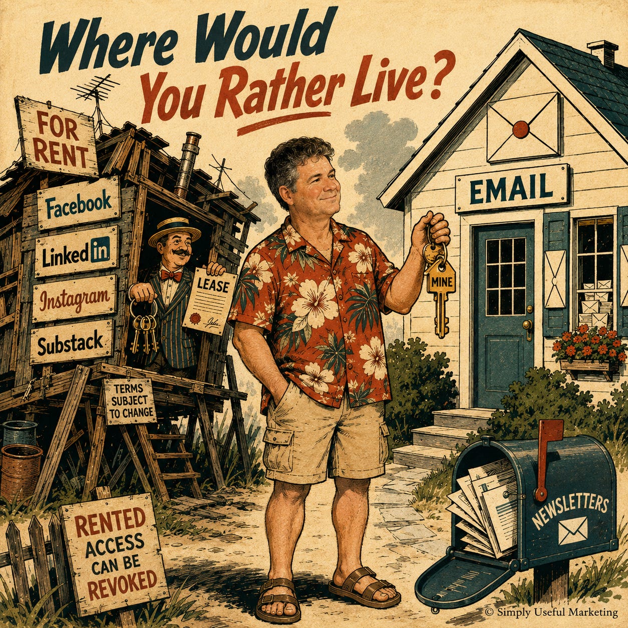 Vintage-style illustration contrasting a ramshackle rental shack labeled Facebook, LinkedIn, Instagram, and Substack with a sturdy email-themed house. Bryant stands between them holding the key to the email house beneath the words, “Where Would You Rather Live?”