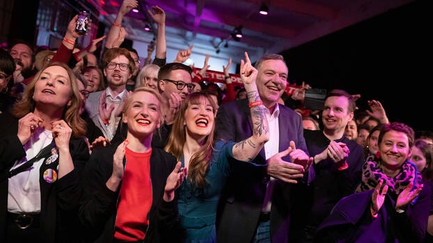 Die Linke celebrates its victory on election night: co-chairs Ines Schwerdtner and Jan van Aken with lead candidate Heidi Reichinnek (centre). Die Linke celebrates its victory on election night: co-chairs Ines Schwerdtner and Jan van Aken with lead candidate Heidi Reichinnek (centre).