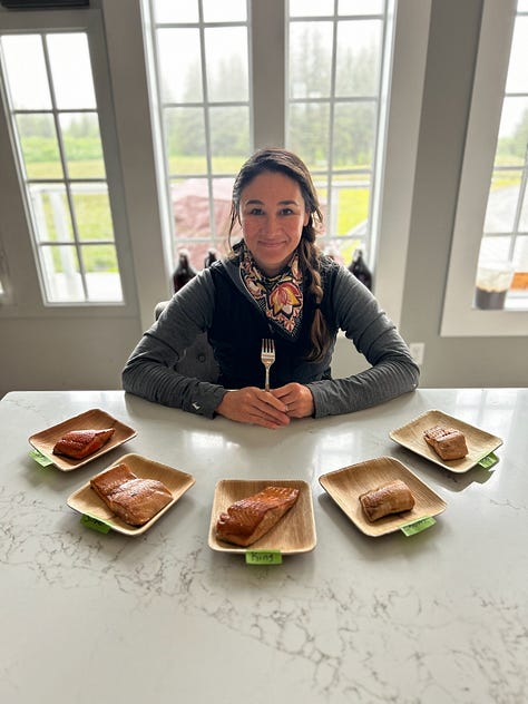 Photos of a woman writing in a waterproof notebook, picking sockeye salmon out of a gill net, and fishing for salmon in Alaska