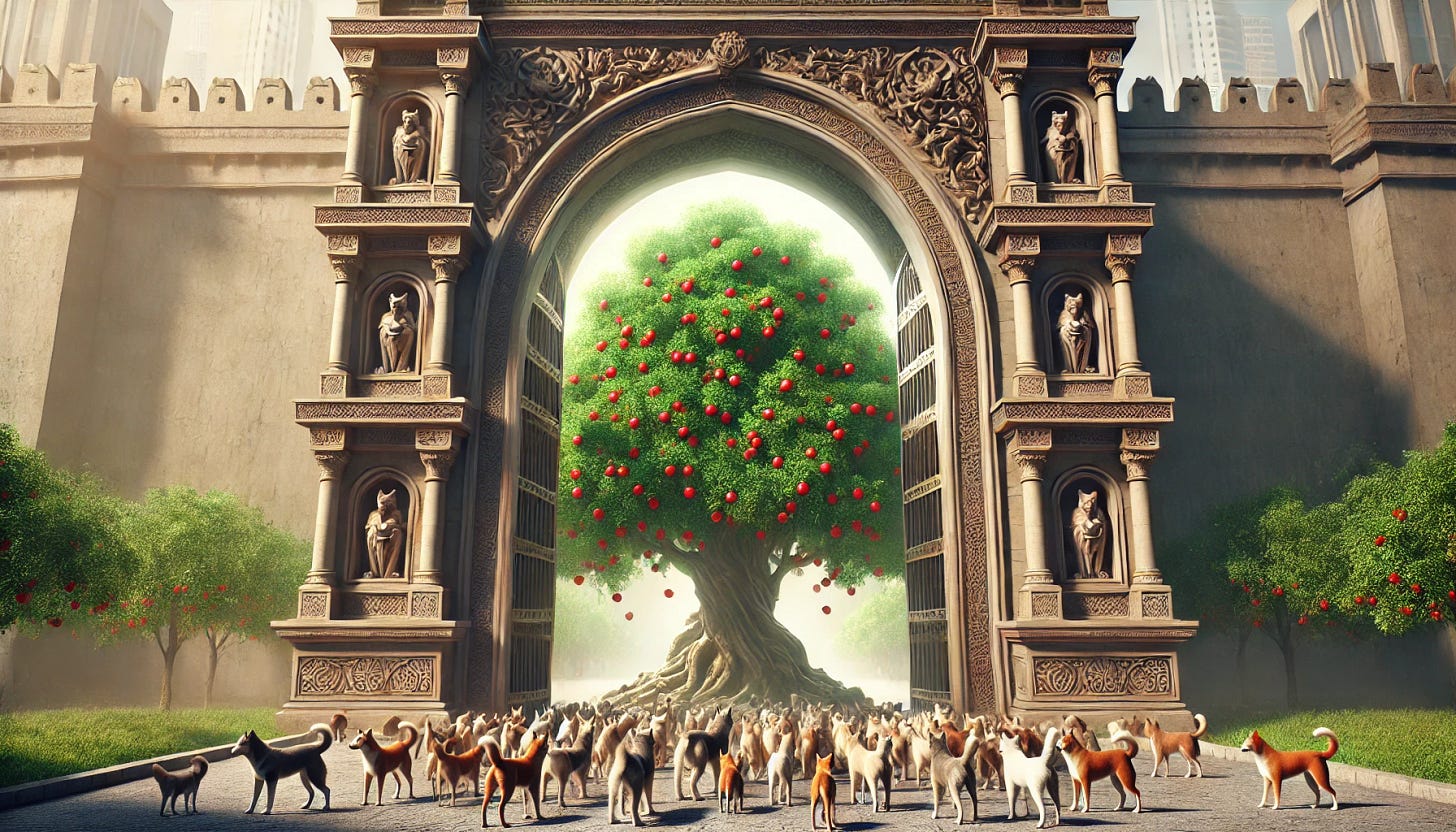 A spectacular city gate that is open, revealing a lush green tree with red apples on it inside. Outside the open gate, a pack of wild dogs is gathered. The gate is grand and ornate, with intricate carvings and a majestic arch. The scene is set during a clear, sunny day, with the city wall appearing strong and ancient. The wild dogs look alert and curious, while the apple tree inside the gate stands out as a symbol of life and abundance.